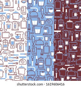 Kitchen supplies icons in seamless pattern, vector illustration. Flat line emblems of household cooking appliances and utensils, set of kitchenware culinary tools. Icons of blender, mixer and kettle