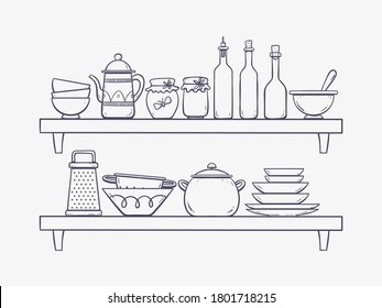 Three Shelves Dishes Cookware Set Cartoon Stock Illustration 1820098805