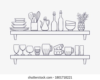 Kitchen supplies on shelves. Two shelves with bowls, bottles, an oilcan, glasses, cups and other kitchenwares. Hand drawn vector illustration. Objects are separate for displace and move them easily.