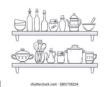 Kitchen supplies on shelves. Two shelves with bowls, bottles, a teapot, a  cooking pot and other kitchenwares. Hand drawn vector illustration. Objects are separate for displace and move them easily.