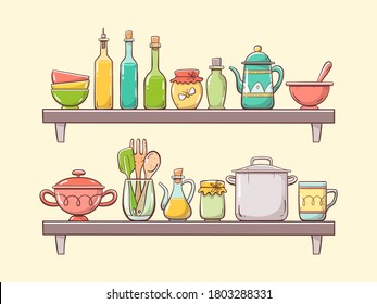 Kitchen supplies on shelves. Two shelves with bowls, bottles, and other kitchenwares. Hand drawn vector illustration. Objects are separate for displace and move them easily.