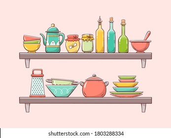 Kitchen supplies on shelves. Two shelves with plates, bottles, teapot, bowls and other kitchenwares. Hand drawn vector illustration. Objects are separate for displace and move them easily.