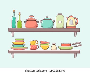Artículos de cocina en estanterías. Dos estanterías con placas, botellas, sartenes, ollas, tazas y otros utensilios de cocina. Ilustración vectorial dibujada a mano aislada en fondo azul claro.