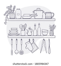 Kitchen supplies on shelves. Two shelves and hangers with plates, saucepans, bottles, condiments and other kitchenwares. Hand drawn vector illustration isolated on light background. 