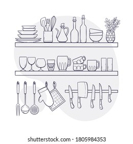 Kitchen supplies on shelves. Two shelves and hangers with bowls, glasses, bottles, kitchen knives and other kitchenwares. Hand drawn vector illustration isolated on light background.