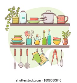 Kitchen supplies on shelves. Two shelves and hangers with plates, saucepans, bottles, condiments and other kitchenwares. Objects are separate for displace and move them easily.