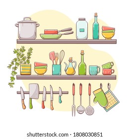 Kitchen supplies on shelves. Two shelves and hangers with bowls, saucepans, bottles, kitchen knives and other kitchenwares. Objects are separate for displace and move them easily.