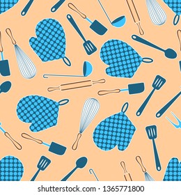 Kitchen supplies seamless pattern on a beige background