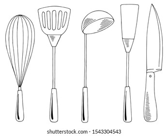 Kitchen supplies set graphic black white isolated sketch illustration vector