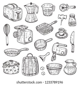 Kitchen supplies set. Hand drawn vector illustration. Peeler, grater, spoon, corkscrew, slicer, pepper mill, shaker, steel knife, whisk, pin, fork, salt shaker and other elements for your design.