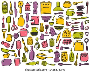 Kitchen supplies set. Tool and ware collection. Different utensils.Hand drawn vector illustration. Kitchenware. Peeler, grater, spoon, corkscrew, slicer, pepper mill, knife, whisk, fork, salt shaker.