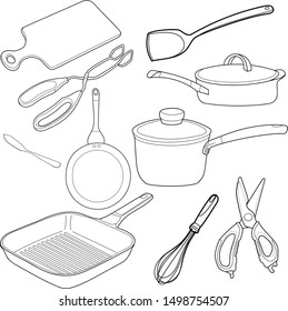  Kitchen supplies set. Tool and ware collection. Hand drawn doodle vector illustration.