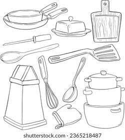 Kitchen supplies set. Tool and ware collection. Hand drawn doodle illustration - black and white, black line vector
