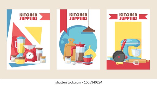 Kitchen supply store banner, vector illustration. Cooking utensils, kitchenware appliance shop advertisement card. Flat style household items, supplies for home cooking and baking. Kitchen accessories