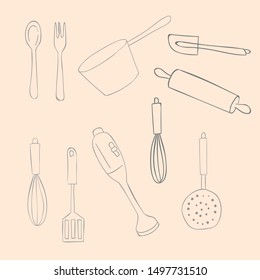 Kitchen supply various tools vector doodle illustration. Line doodle art.