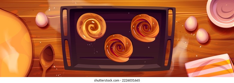 Mesa de cocina con bollos al horno en la bandeja, ingredientes y utensilios para la vista superior de la panadería. Tos, huevos, tazón vacío de madera, cuchara y toalla sobre un escritorio de madera, repostería casera, ilustración vectorial de dibujos animados