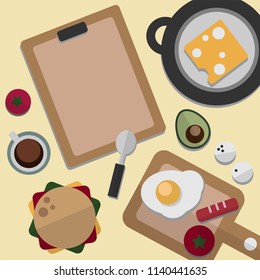 Kitchen table for breakfast preparation with menu and recipe set