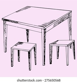 kitchen table and chairs, doodle style, sketch illustration