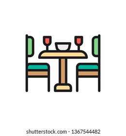 Kitchen table and chairs flat color line icon.