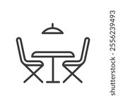 Kitchen table with chairs, icon in line design. Kitchen, table, chairs, dining, furniture, modern, design on white background vector. Kitchen table with chairs editable stroke icon