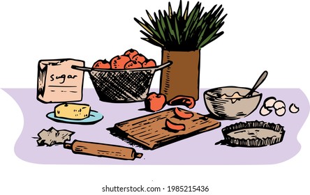 Kitchen table color illustration. Sugar, apples, flour, butter, rolling pin, eggs hand drawn elements. Apple pie recipe vector drawing. Cooking at home background. 