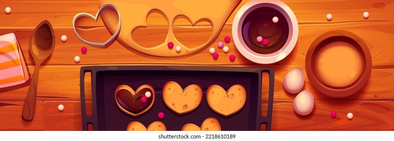 Kitchen table with cookies on baking sheet, dough in bowl, eggs and spoon top view. Process of biscuits cooking, making dessert with chocolate glaze on wooden counter, vector cartoon illustration