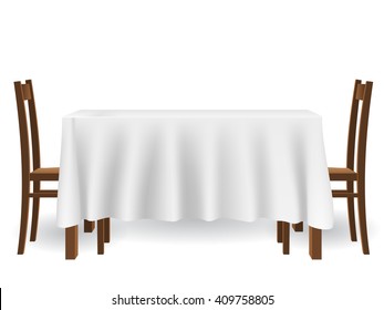 The kitchen table covered with a tablecloth and chairs. Vector piece of furniture and interior decoration, isolated on white background.