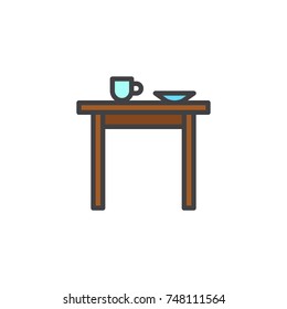 Kitchen table with cup and plate filled outline icon, line vector sign, linear colorful pictogram isolated on white. Symbol, logo illustration. Pixel perfect vector graphics