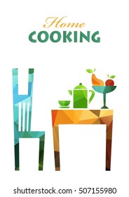 Kitchen table with food. Kitchenware and fruits. Tea drinking relax concept.