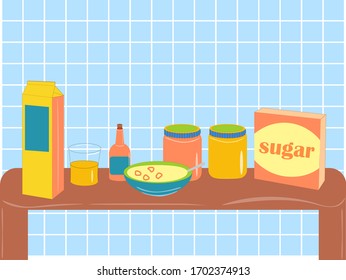 mesa de cocina con vectores de alimentos en un espacio de fondo azul