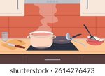 Kitchen table with gas and electric surfaces. A pot of boiling water. Cooking. Cookstove. Hot surface for cooking at home. Vector illustration