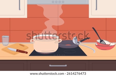 Kitchen table with gas and electric surfaces. A pot of boiling water. Cooking. Cookstove. Hot surface for cooking at home. Vector illustration