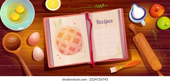 Kitchen table with recipe book. Banner with book, kitchen utensils and ingredients for charlotte or apple pie. Wooden desktop with eggs and milk, apples and spoon. Cartoon flat vector illustration