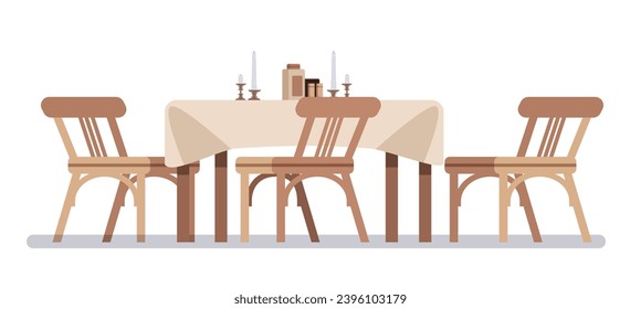 Kitchen table with tablecloth and wooden chairs. Flat illustration on isolated background