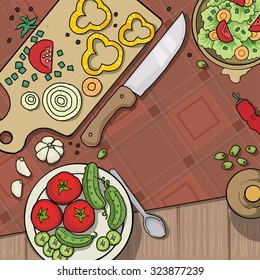 Kitchen table top viewed from the top, with various food items and vegetables, vector illustration