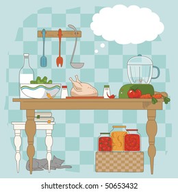 Kitchen table with utensils and ingredients for cooking