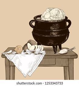 
Kitchen table with various vegetables on a dishcloth and a cast iron cauldron with cabbage. Still life.  Vector vintage illustration. Color sketch.