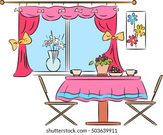 Kitchen table and window with pink curtains