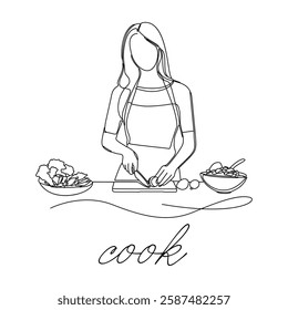 At the kitchen table, a woman is preparing vegetables for a healthy salad. Designed in a simple drawing style.