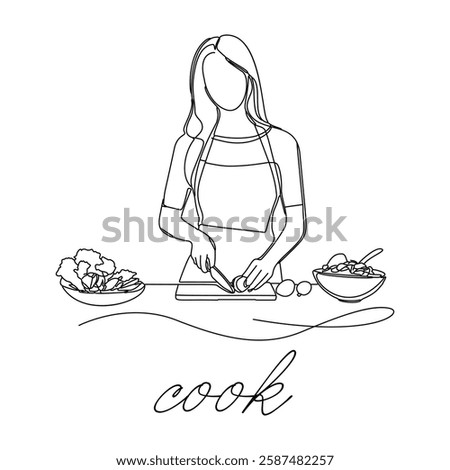 At the kitchen table, a woman is preparing vegetables for a healthy salad. Designed in a simple drawing style.