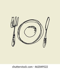 kitchen tableware hand drawn image. fork, knife, plate sketch artwork. vector illustration.