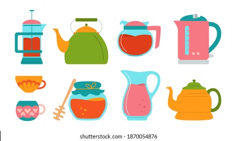 Kitchen tea cartoon style set, honey jug, sugar cup, teapot and electric kettle. Cooking dishes, equipments. Hand drawn making sweets collection objects. Vector illustration