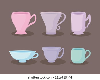 kitchen teacups pastel set icons