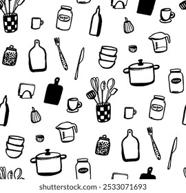 Kitchen texture, seamless background pattern, hand drawn doodles of kitchenware and utencils. Black and white sketch vector pattern.