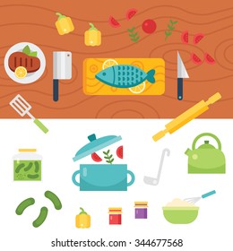 Kitchen themed illustration and icons, eps 10, no transparencies