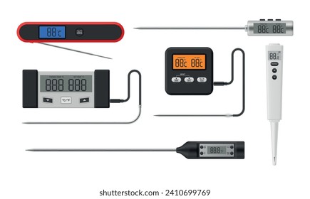 Kitchen thermometer with electronic display and probe for cooking temperature checking set realistic vector illustration. Modern device for degree measuring cuisine food preparation with degree button