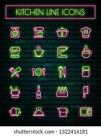 Kitchen thin neon glowing line icons set.vector illustration.