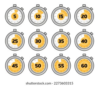 Kitchen timer clock. 1 to 60 minutes countdown symbols. Isolated vector.