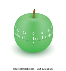 Kitchen timer green apple clock cooking alarm realistic vector illustration. Minute and second measurement technology time checking device with scale level analog countdown plastic stopwatch