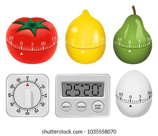 Kitchen timer mockup set. Realistic illustration of 6 kitchen timer mockups for web